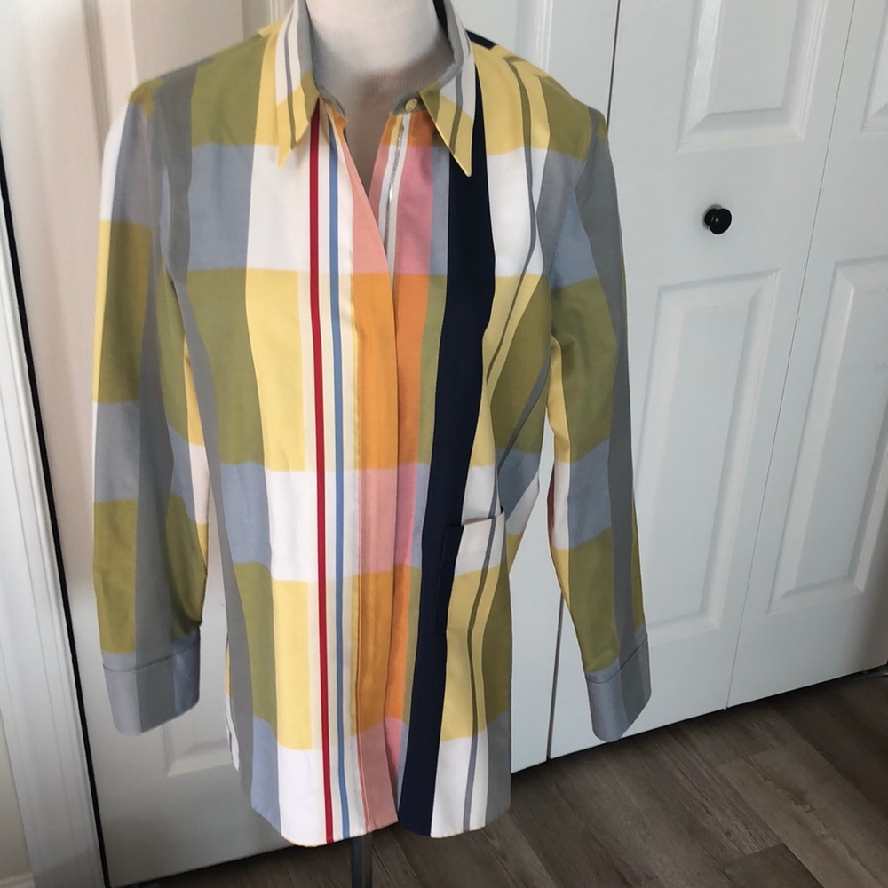 Akris Yellow, Gray, Navy & White Plaid Button-Front Jacket